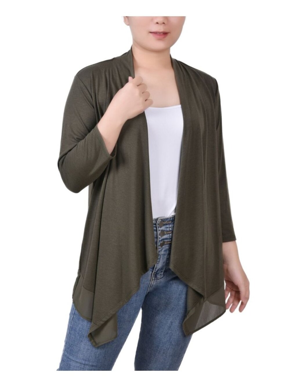 NY Collection Womens Petite Sharkbite Hem Cardigan Grape Leaf Size PM NWT